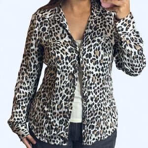 White House Black Market Black and Tan Leopard Silk Stretch Blouse